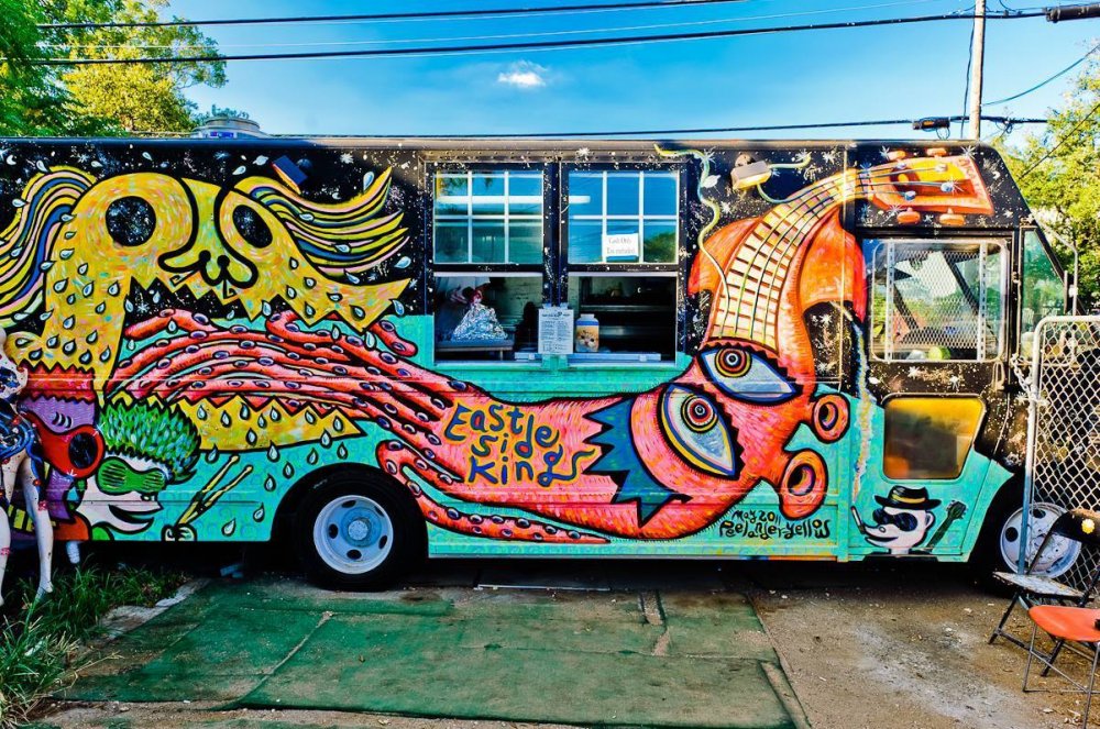 Gritty urban food truck with street aesthetic