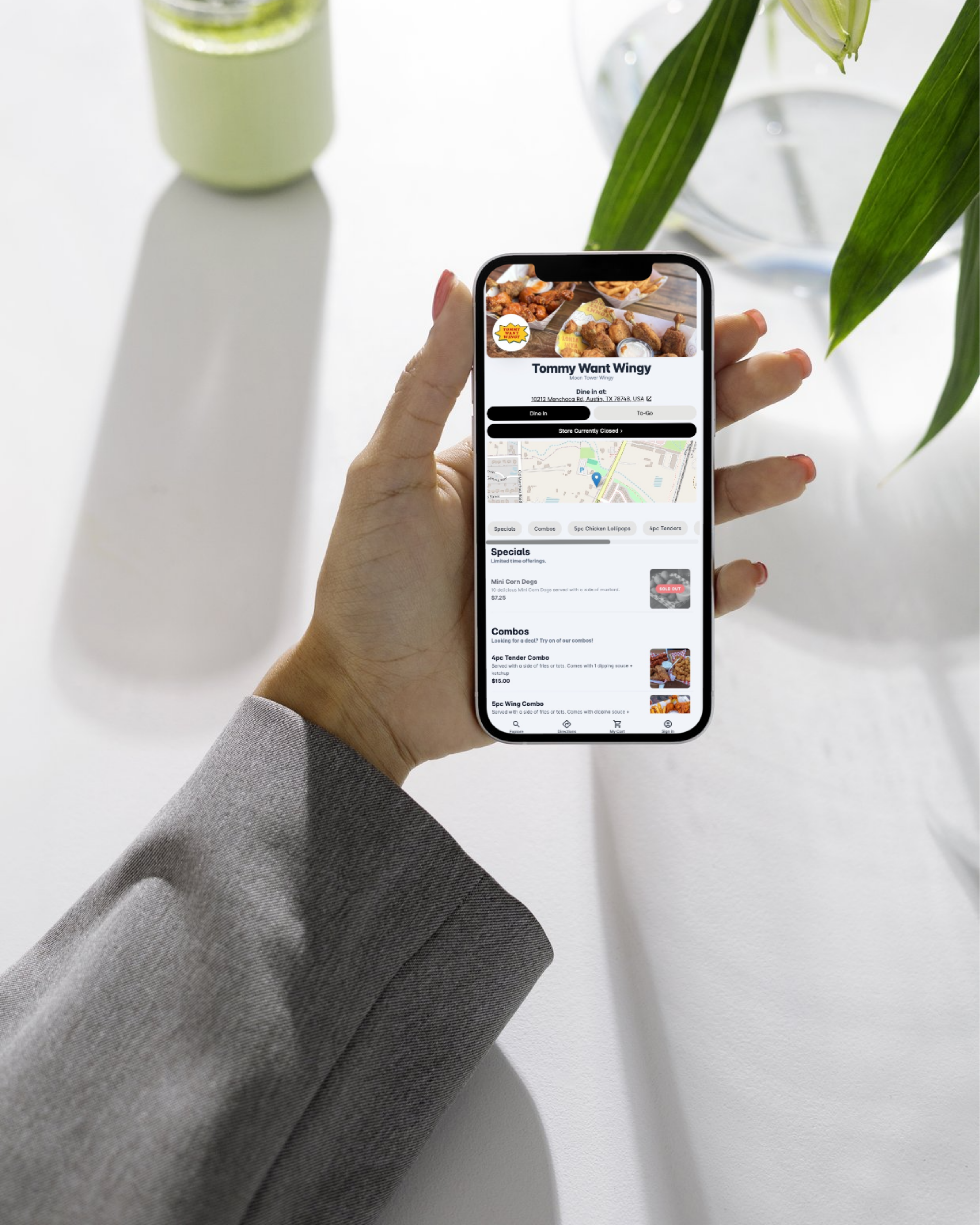 Mobile ordering menu showing categories, items with photos and prices in scannable rows