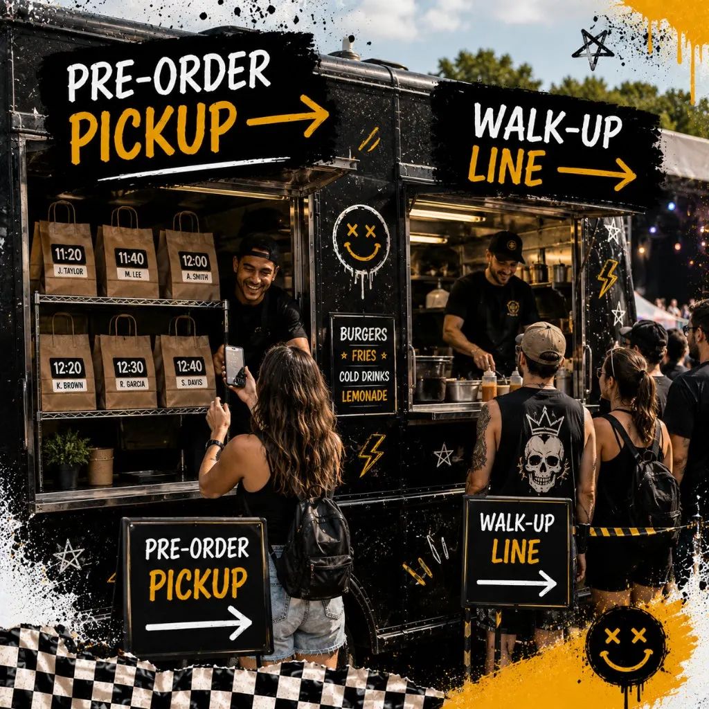 Festival food truck with two marked lanes, labeled pickup bags stacked on a shelf by time window, and crew calling guest names at the pre-order side