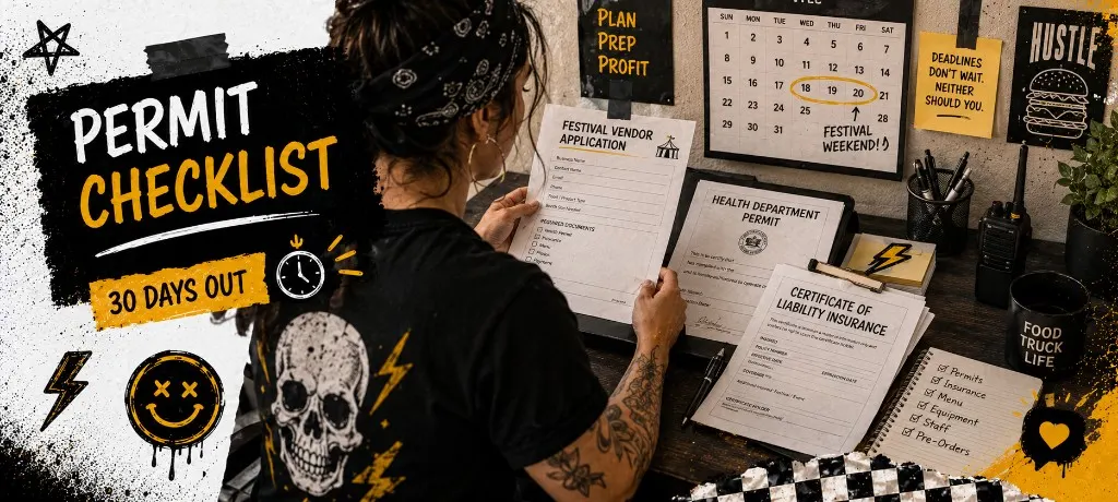 Food vendor at a desk reviewing a festival vendor application, health department permit, and insurance certificate with the festival weekend circled on a wall calendar