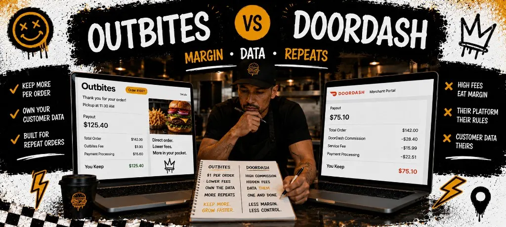 Split screen showing DoorDash merchant portal on one laptop and Outbites branded checkout on another, independent restaurant owner between them with margin notes on a pad