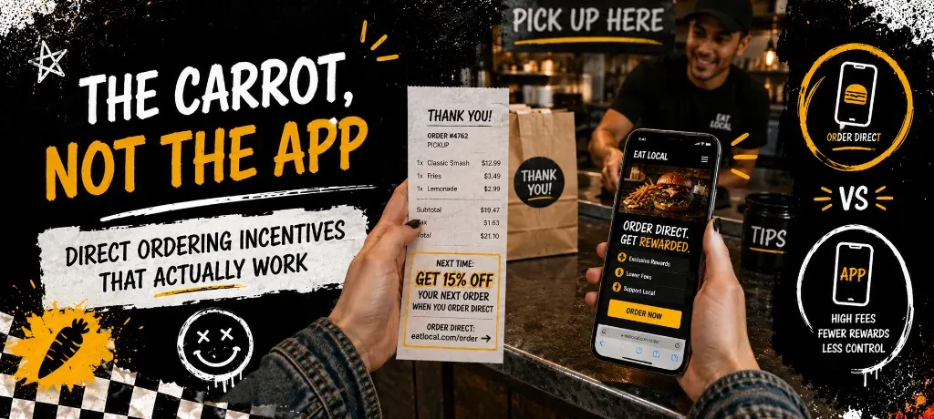 Guest at a restaurant counter choosing the direct ordering link on their phone after receiving a receipt with an incentive call to action