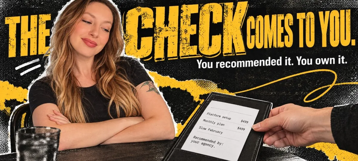 Restaurant owner sits back with arms crossed while a hand slides over a check presenter itemizing platform setup, a $499 monthly plan, and a slow February, signed recommended by your agency