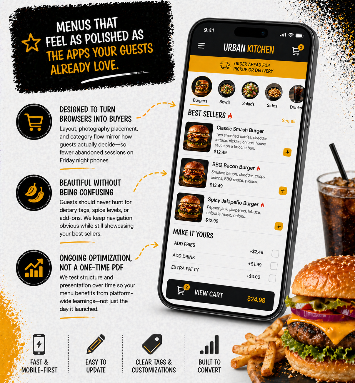 Restaurant menu on phone and laptop showing the same Outbites ordering experience