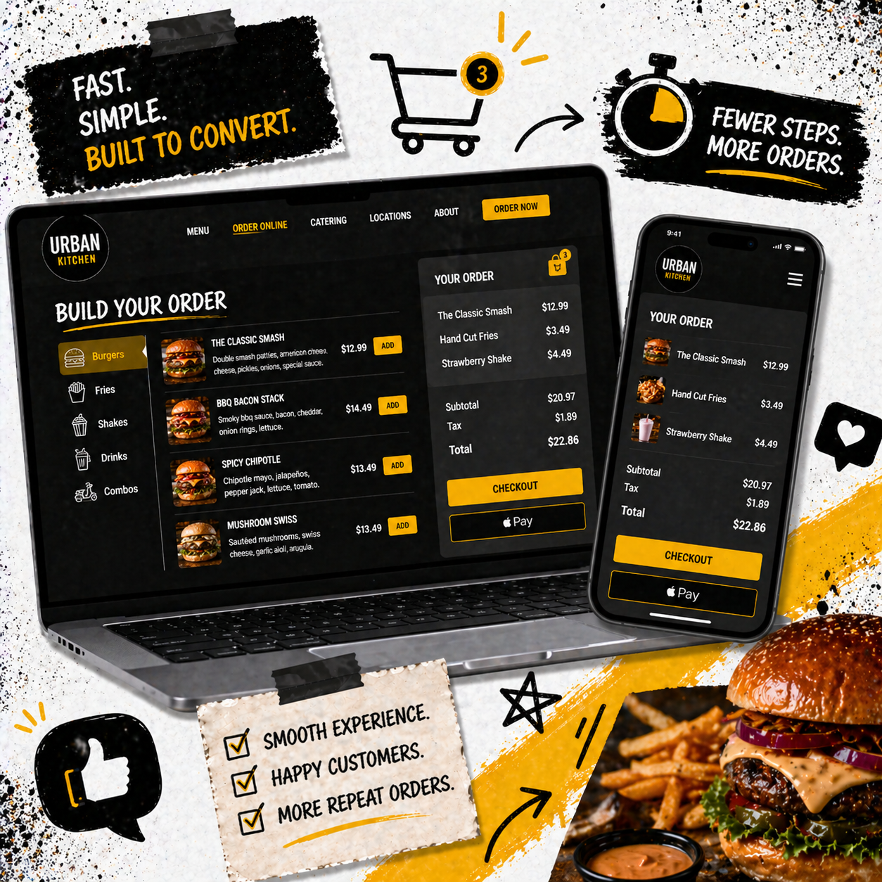 Layered restaurant menu cards showing combo meals and food photos