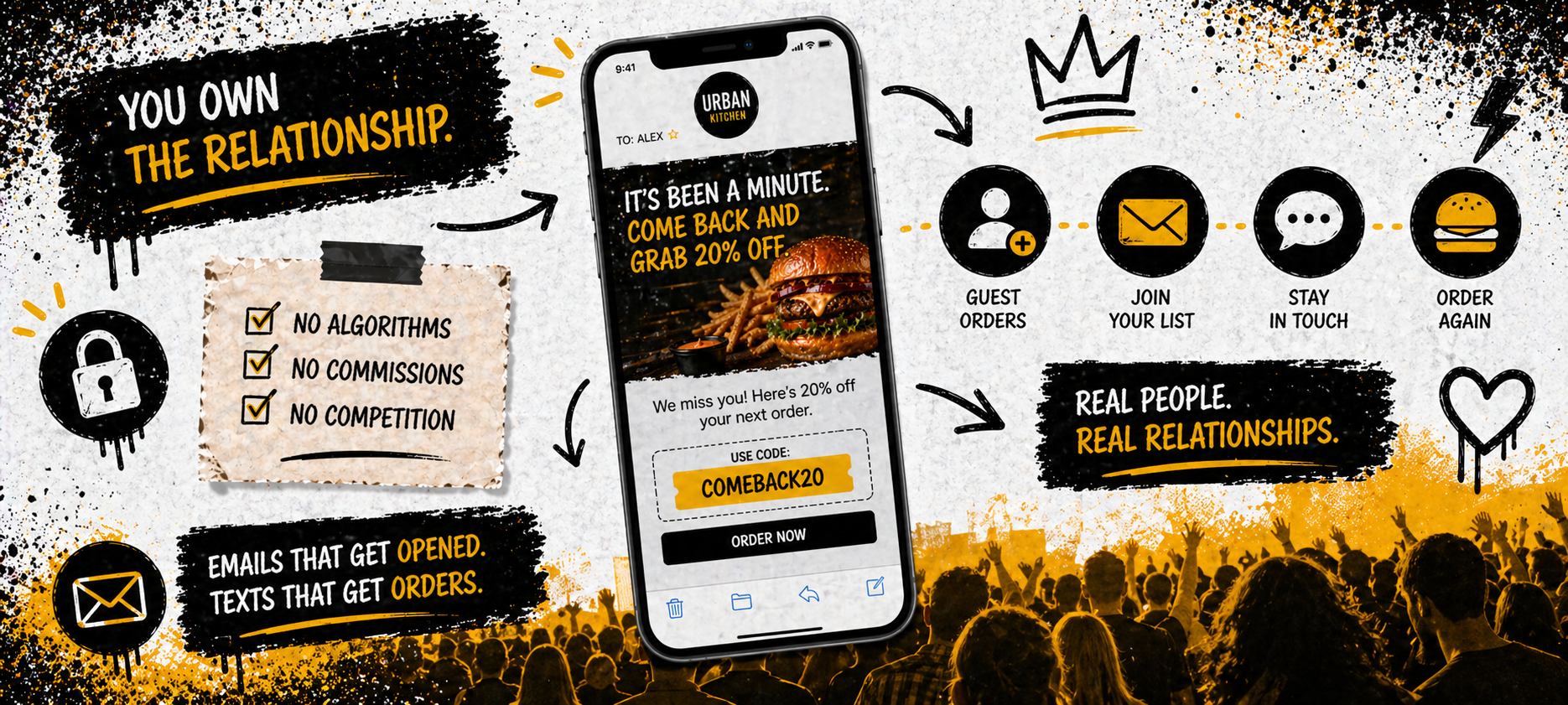 Magnifying glass over SEO text and marketing doodles