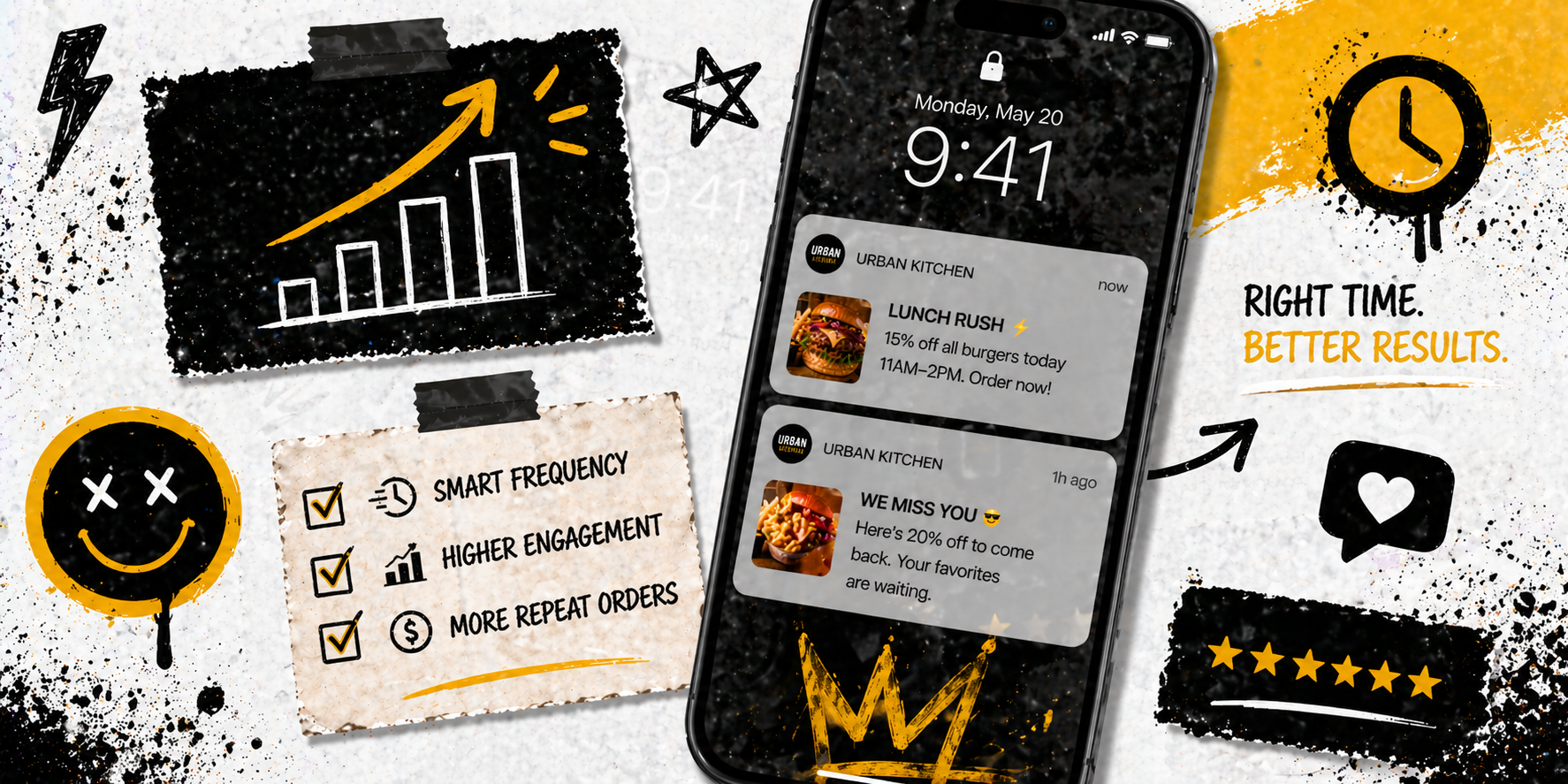 Phone mockup showing a restaurant ordering interface on an orange background