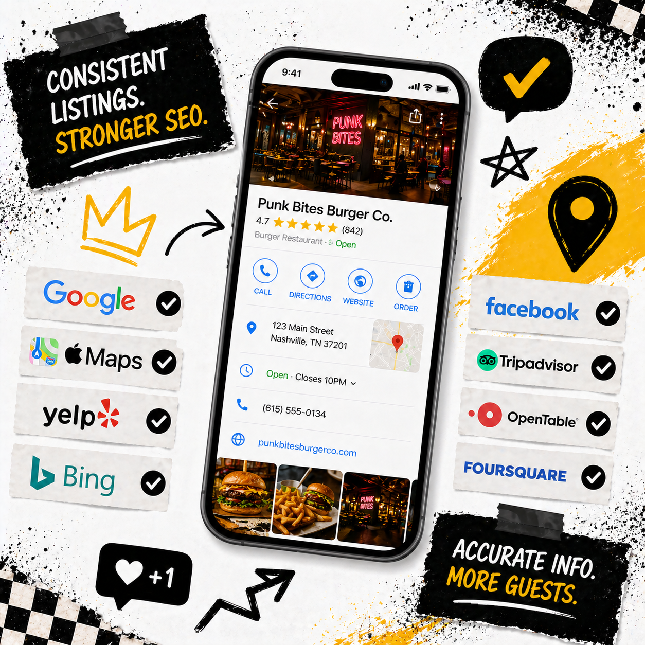 Phone showing a restaurant business listing with photos, map, and menu actions