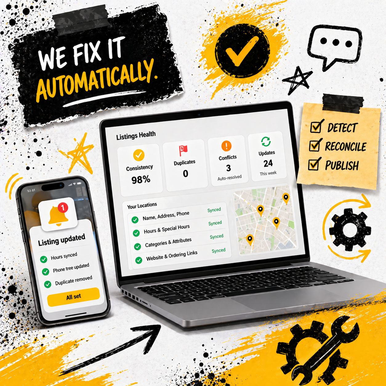 Listings management dashboard showing conflicting data and items ready for approval on a monitor