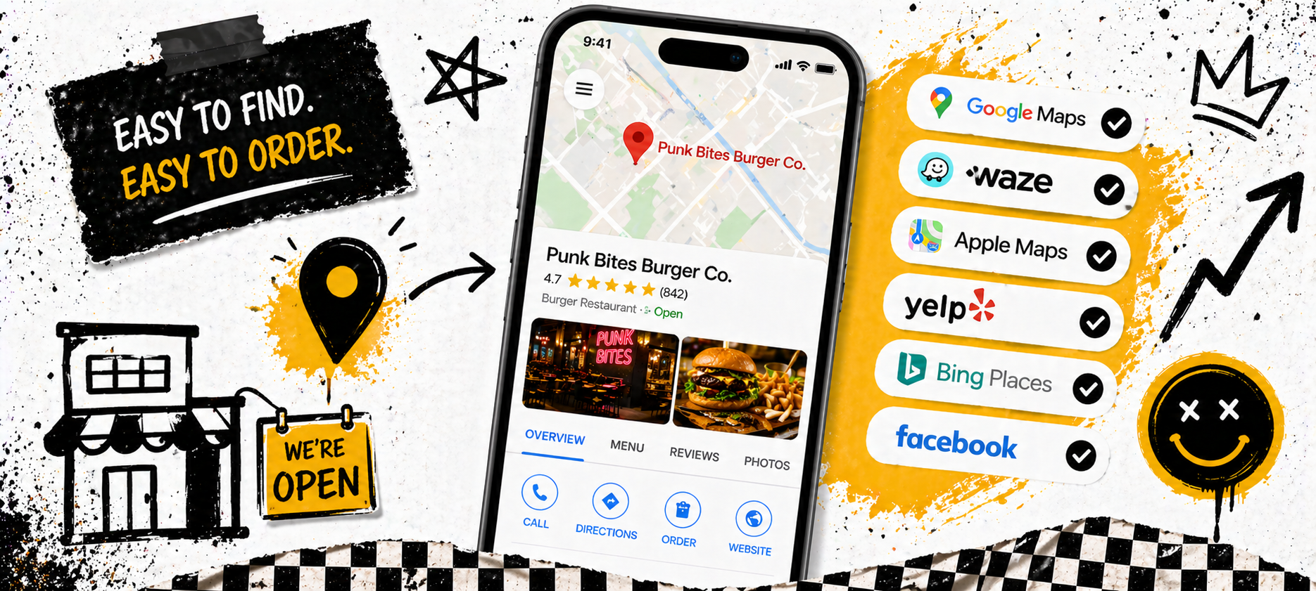 Restaurant listing card with map, delivery time, reviews, and add to order